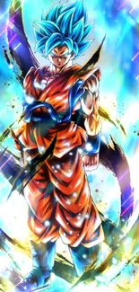 Vibrant anime warrior with glowing aura and dynamic pose.