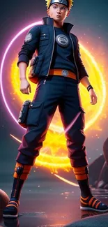 Anime warrior in front of glowing orange circle.