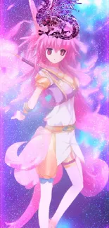 Anime warrior with pink hair and vibrant aura in colorful fantasy artwork.