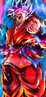 Vibrant anime warrior in red aura with blue energy glow.