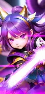 Anime warrior with purple hair and vibrant energy in a colorful wallpaper.