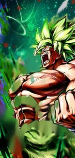 Vibrant anime warrior in a dynamic green action scene.