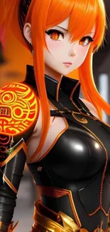 Anime-inspired warrior in vibrant orange and black outfit with detailed armor.