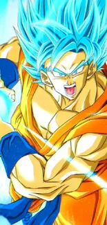 Anime warrior with blue hair and orange outfit, emitting energy.