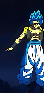 Dynamic anime warrior with blue hair on a dark background.