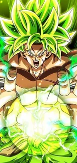 Anime warrior in vibrant green energy with powerful aura.