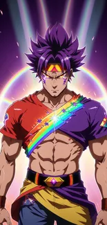 Anime warrior with rainbow colors, vibrant design.