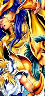 Anime warriors with golden armor in colorful art style.