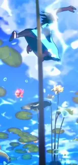 Anime character floats in water with lilies, surrounded by vivid colors.