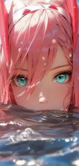 Anime character with pink hair emerges from water, vibrant eyes shining.