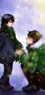 Anime winter scene with two characters in snow.