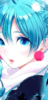 Vibrant anime character with blue hair in a snowy winter scene.