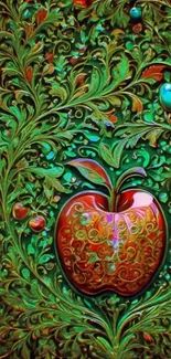 Intricate green and red apple design wallpaper