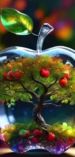 Artistic tree inside a glass apple with vibrant colors.
