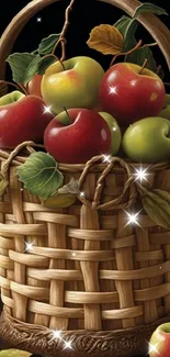 Vibrant apples in a rustic woven basket, perfect for nature-themed wallpaper.