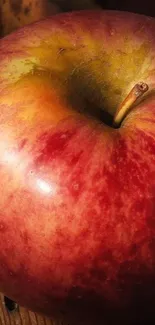 Close-up of a vibrant red apple with rich textures.