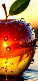 Vibrant apple with water droplets at sunset