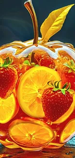 Apple-shaped artwork with fruits and vibrant colors.