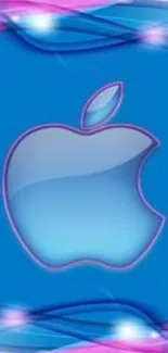 Vibrant blue Apple logo on abstract background.