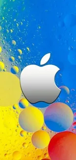 Vibrant Apple logo with colorful bubbles on a blue background.