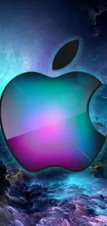 Vibrant Apple logo on a futuristic blue and purple abstract background.