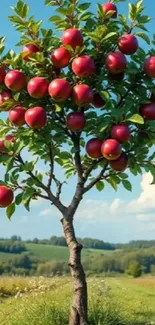 A vibrant apple tree in a lush green landscape, perfect for mobile wallpaper.
