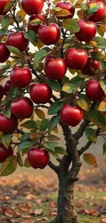 A vibrant apple tree laden with red apples.