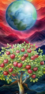 Colorful wallpaper with apple tree and cosmic sky.