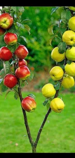 Colorful apple tree with red and yellow apples in a green garden.