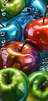 Colorful apples floating in vibrant water wallpaper.