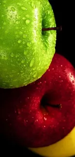 Vibrant tri-colored apples on a black background.