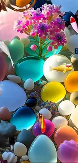 Colorful fish and stones with flowers in vibrant wallpaper.