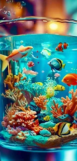 Aquarium filled with colorful fish and corals in a glass.
