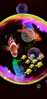 Colorful bubble with fish inside, featuring vibrant iridescent hues.