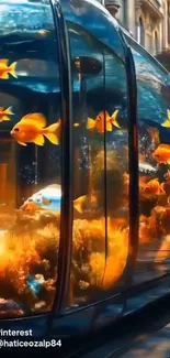 Vibrant aquarium with goldfish and coral showcased in a glass tank.