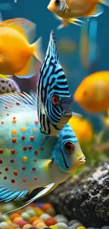 Colorful fish swimming in a vibrant aquarium.