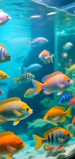 Colorful aquarium fish swimming in turquoise water.