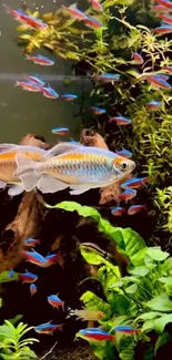 Colorful fish swimming in a lush aquarium setting.