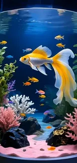 Colorful fish swimming in a vibrant aquarium with coral reefs and plants.