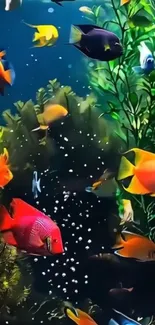 Colorful fish swim in a vibrant aquarium scene.