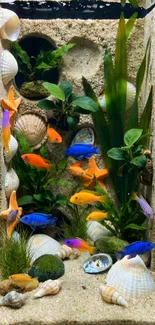 Colorful tropical fish in vibrant aquarium.