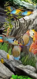 Vibrant aquarium wallpaper with colorful tropical fish and lush vegetation.