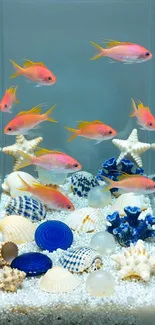 Vibrant aquarium with colorful fish and seashells.