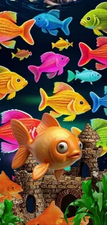 Colorful cartoon fish swimming in a vibrant aquarium scene.