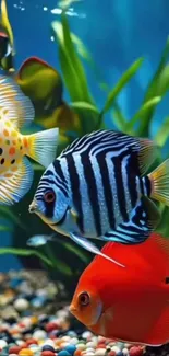 Vibrant aquarium fish swimming among plants.