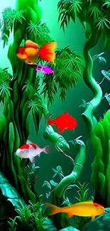 Vibrant fish swimming among lush green plants in an aquarium scene.
