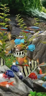 Vibrant aquarium with colorful fish swimming among rocks and plants.