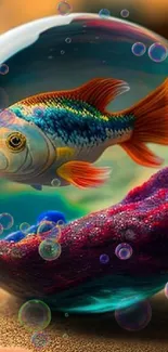 Vibrant fish inside a glass globe with aquatic scenery.