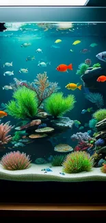 Colorful aquarium with tropical fish and coral in vibrant underwater display.