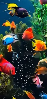 Colorful fish swimming in a lush aquarium scene.